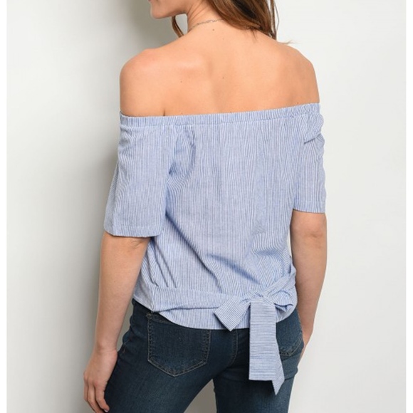 Black and White Stripe Off Shoulder Poplin Top - Picture 2 of 3